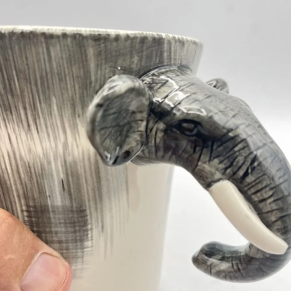 Pier 1 Ceramic Handpainted Stoneware Elephant Coffee Cup Mug Face Handle Large